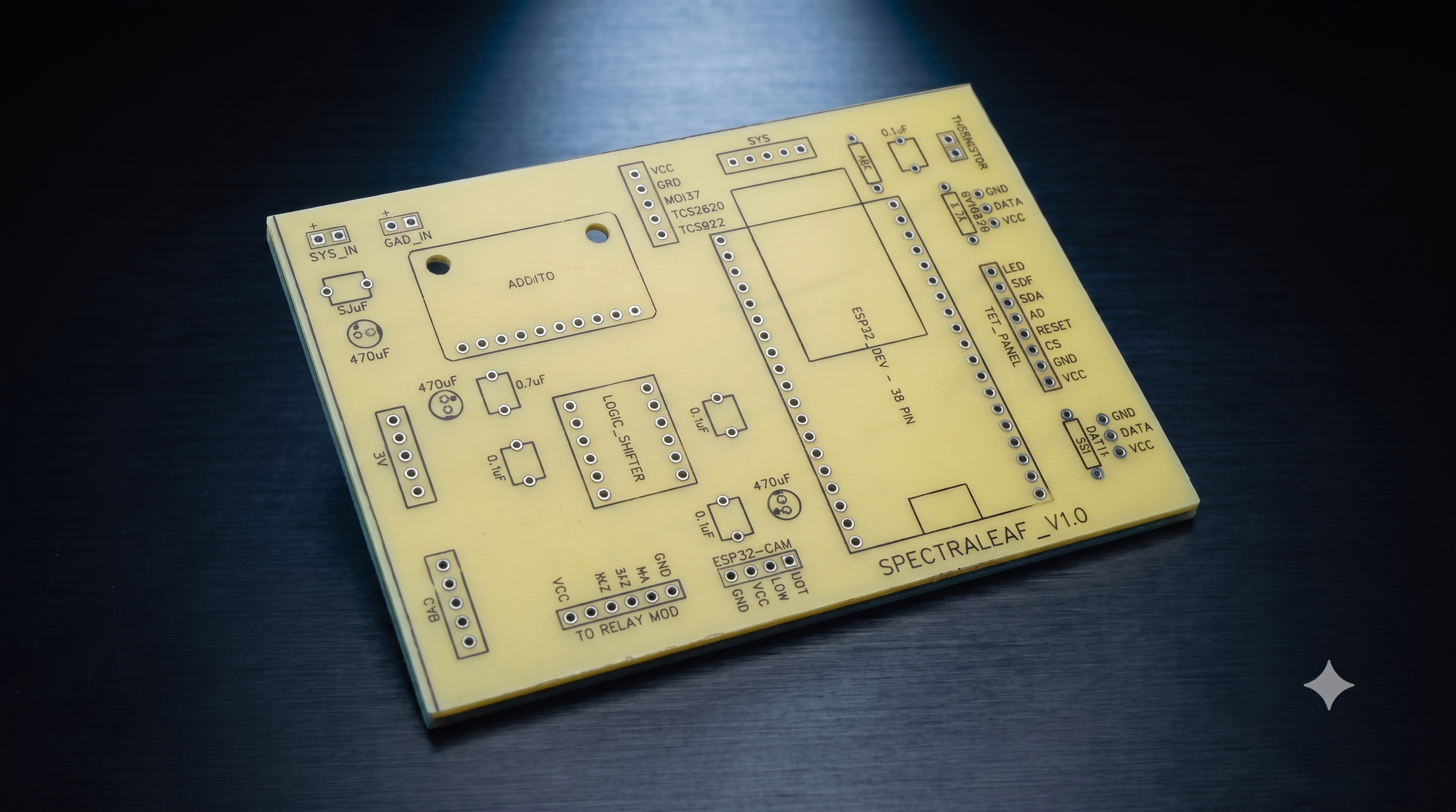 Spectra Leaf V1.0 custom PCB with labelled ESP32, sensor, display, relay and power connections