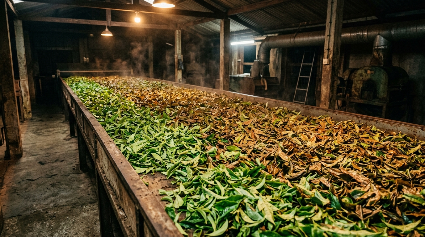Tea leaves spread across a fermentation trough during the monitored oxidation stage