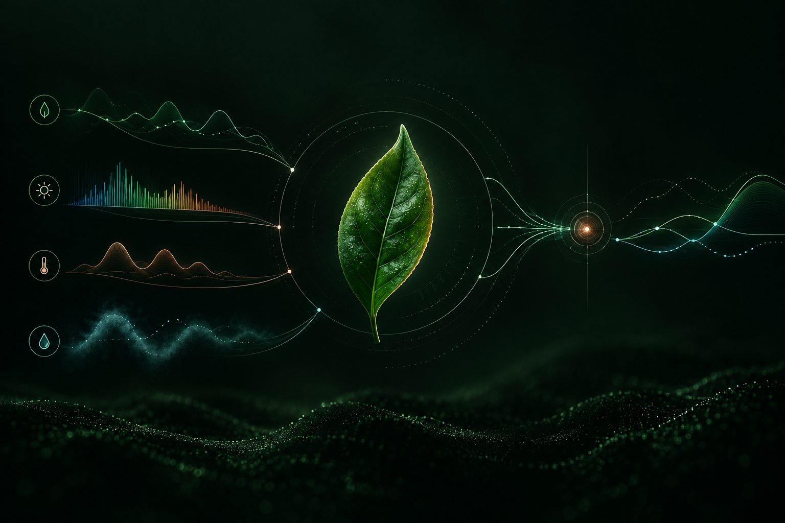 Concept artwork showing synchronized sensor signals converging around a tea leaf