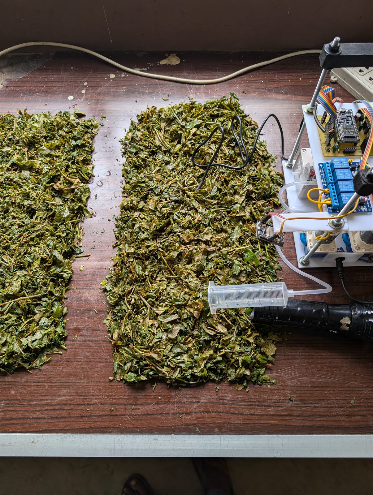 The sensor probe and control prototype monitoring a prepared tea-leaf bed