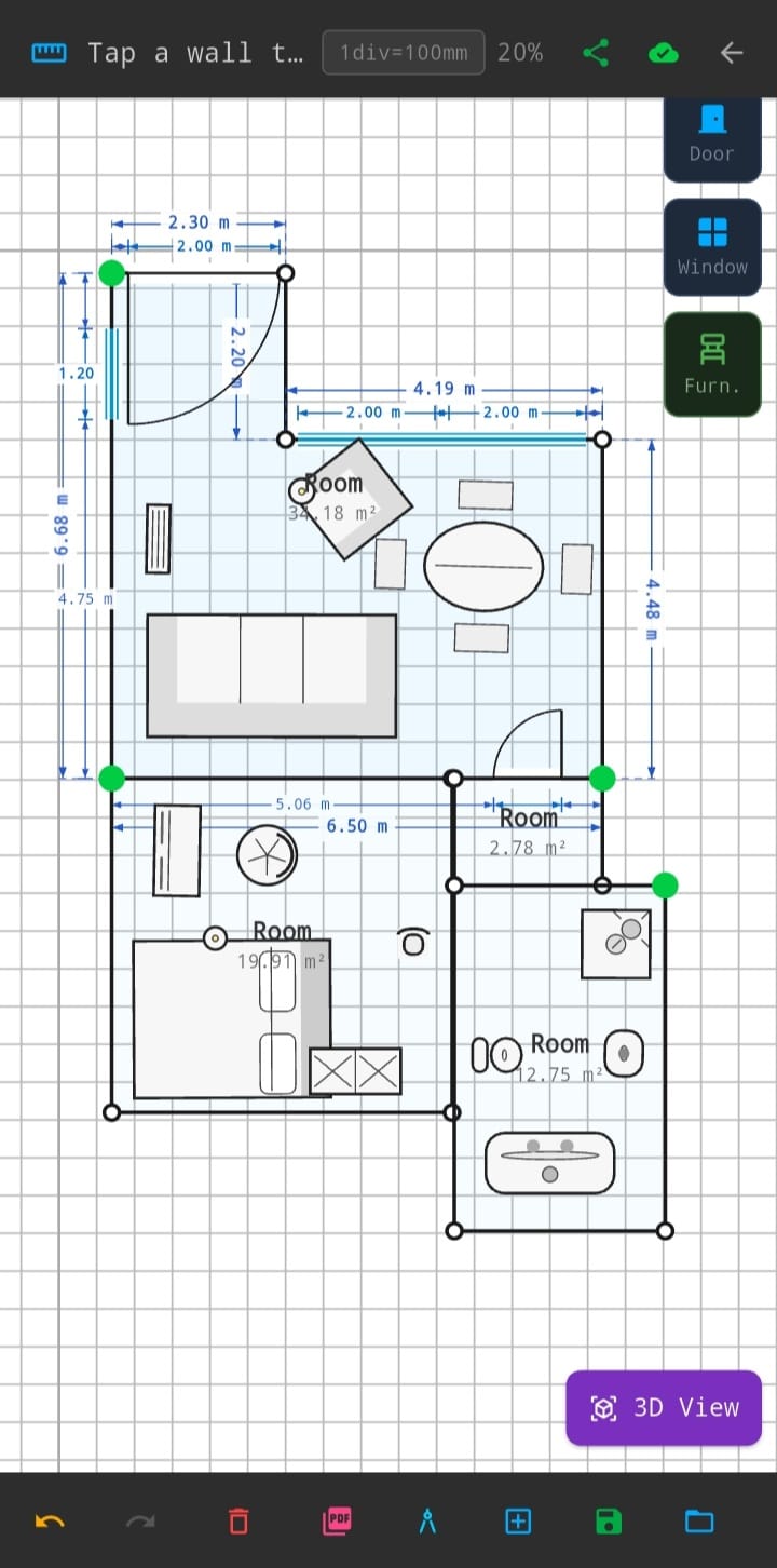 Sketch screen — wall measurement assigned