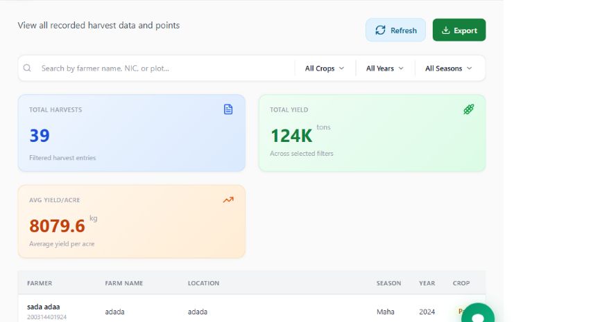 Harvest history search, crop and season filters, export action, and summary metrics