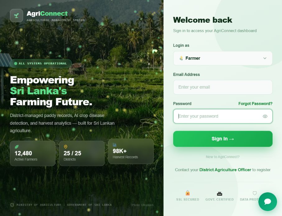 Current AgriConnect sign-in screen with role selection and Forgot Password