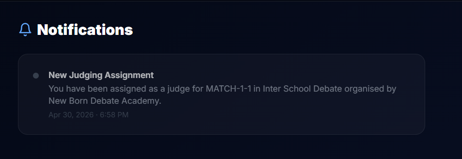 Notifications - judges and debaters receive automatic match assignments