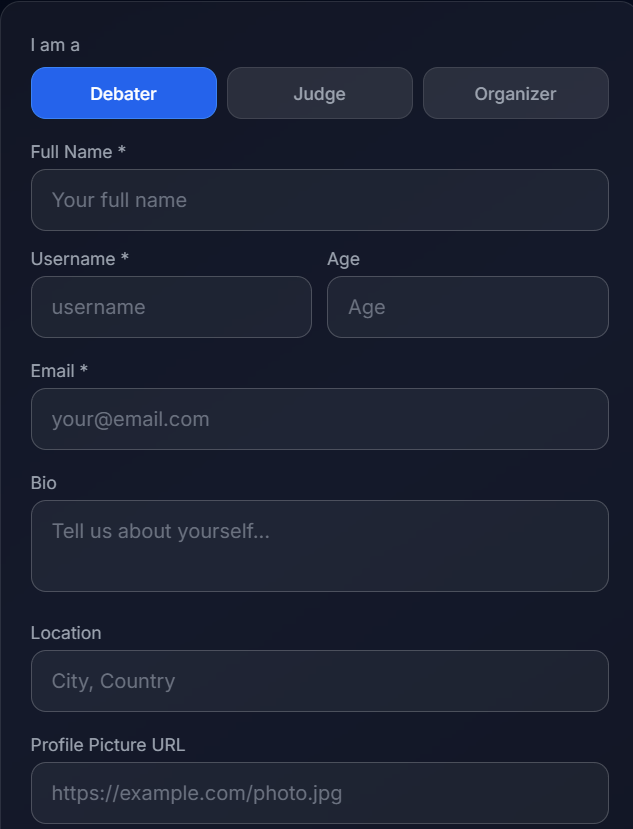 Registration form with role selection and profile fields