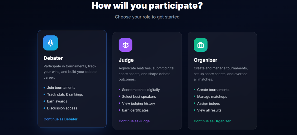 Role Selection - Choose between Debater, Judge, or Organizer