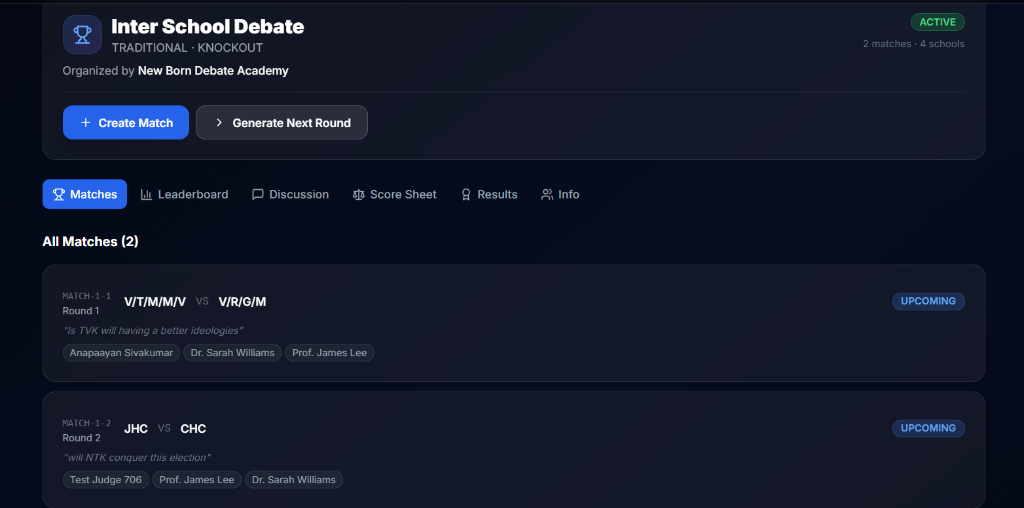 Active tournament dashboard with matches, leaderboard, and navigation tabs