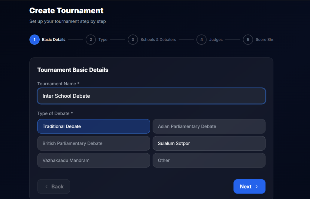 Create Tournament - Step 1: Basic Details with tournament name and debate type