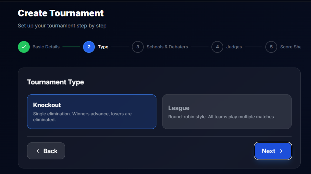 Create Tournament - Step 2: Choose Knockout or League format
