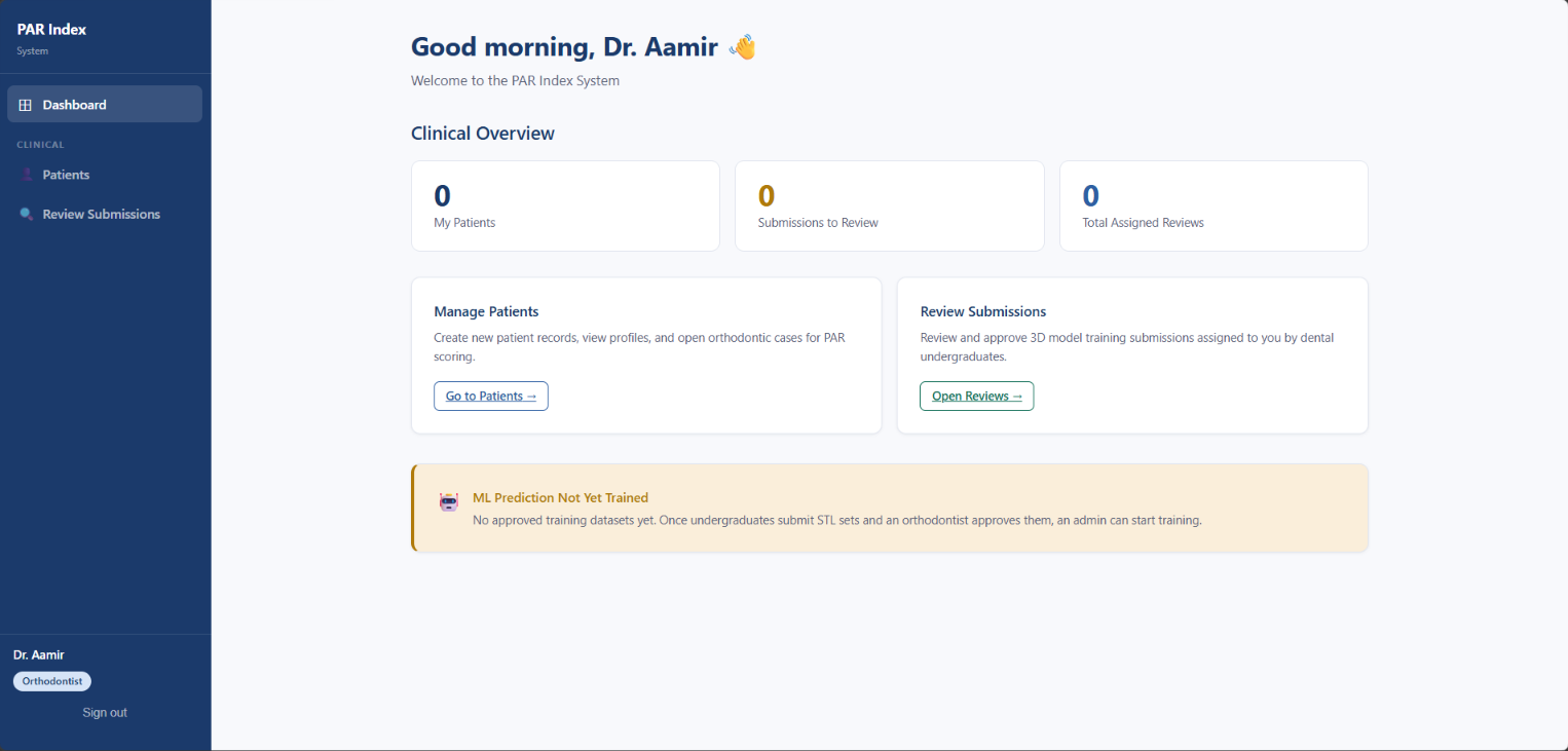 Clinician dashboard showing My Patients, Submissions to Review, and Total Assigned Reviews counters