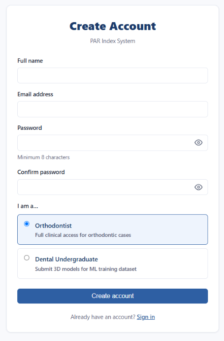 Create Account screen showing full name, email, password fields and an Orthodontist / Dental Undergraduate role selector