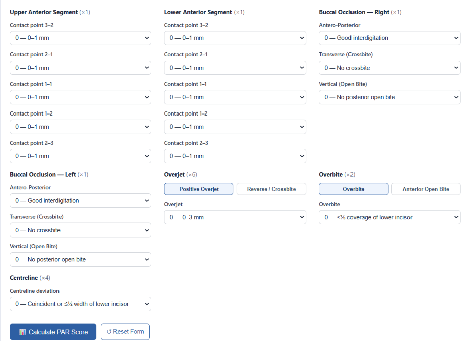 Manual PAR entry form with dropdowns for all seven weighted components: anterior segments, buccal occlusion, overjet, overbite and centreline
