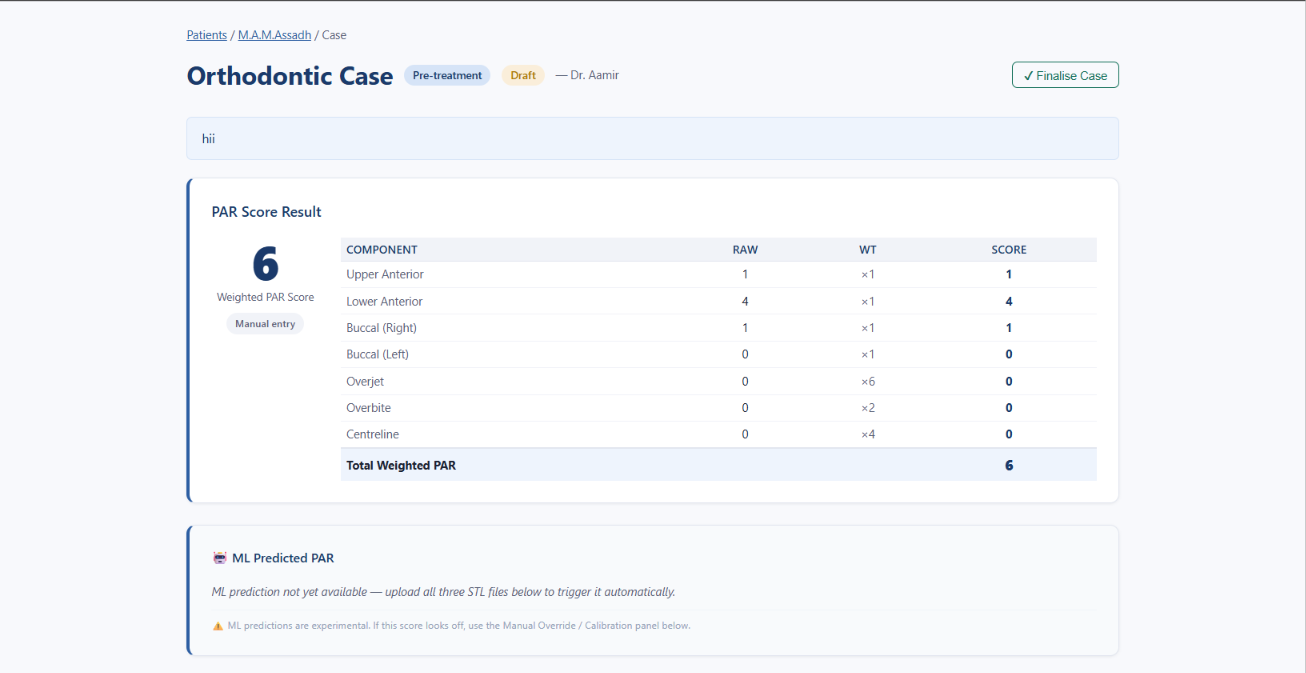 PAR Score Result page showing a total weighted PAR of 6 with a per-component breakdown table and an ML predicted PAR panel