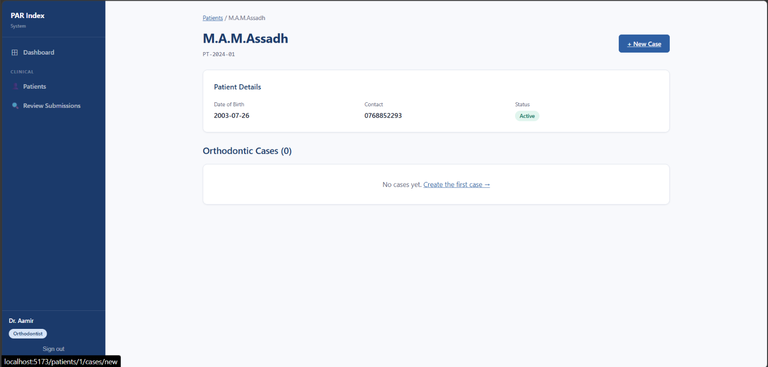 Patient detail page showing date of birth, contact, status and a list of orthodontic cases