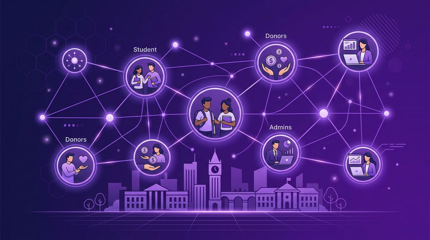 PeraCom SWMS system overview — students, donors, and administrators connected on a university network