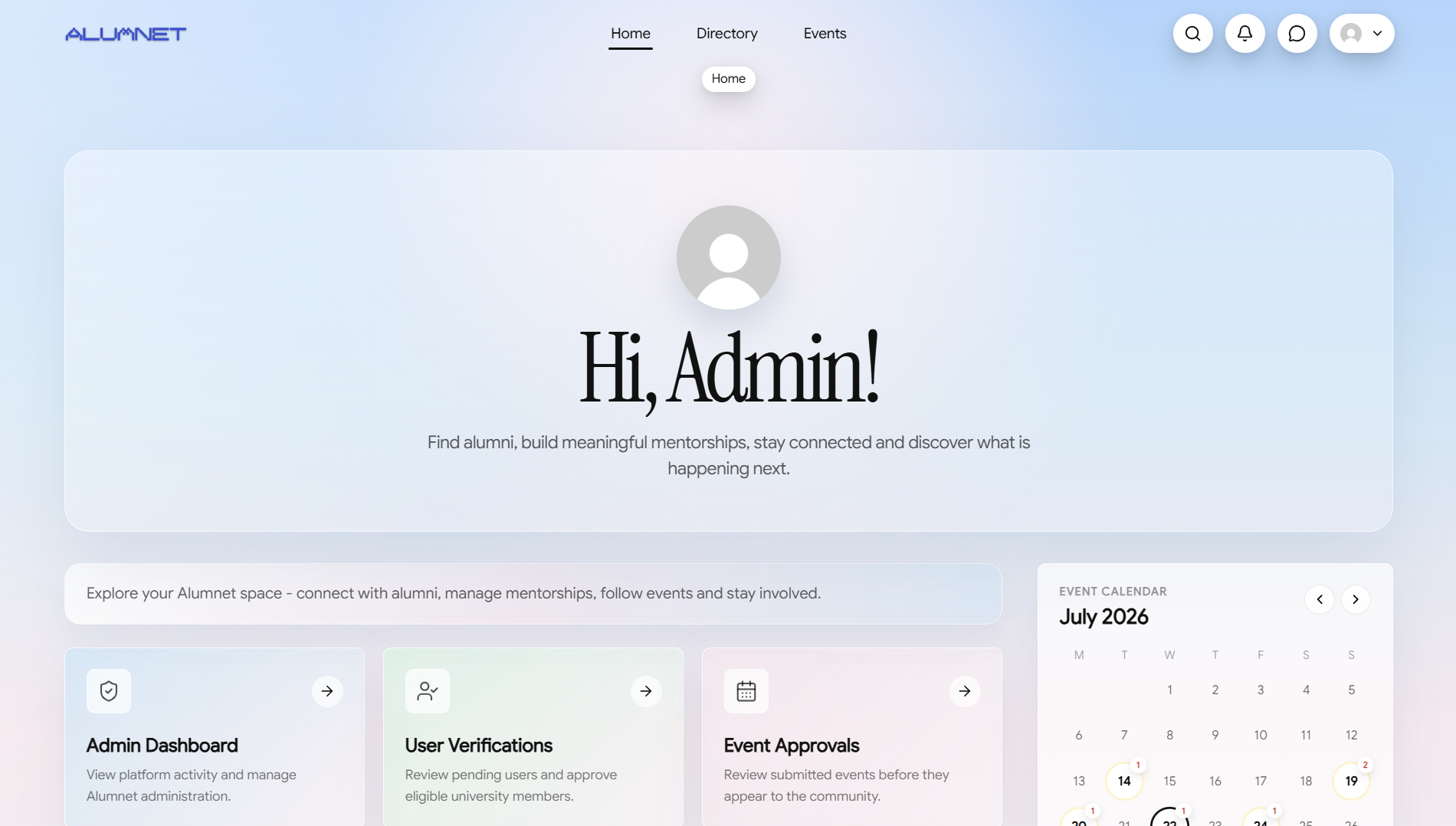 ALUMNET administrator home page