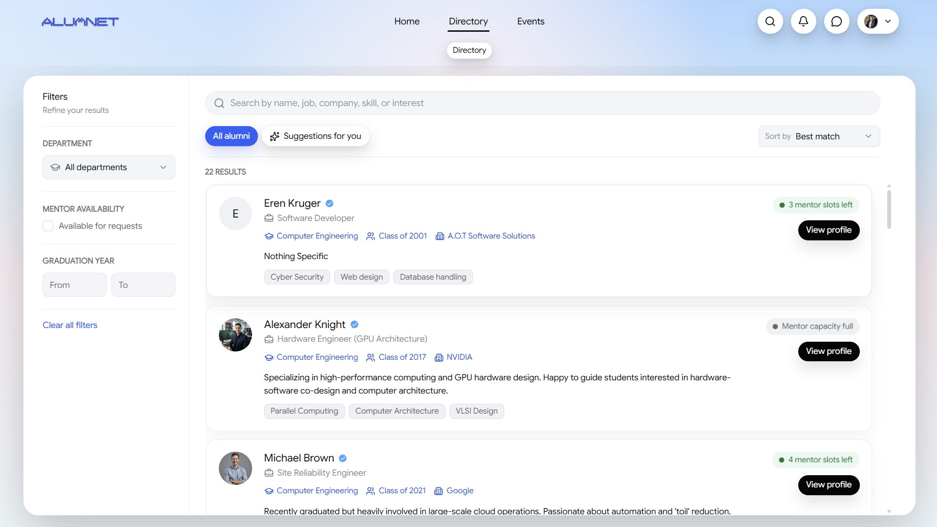 Searchable ALUMNET alumni directory