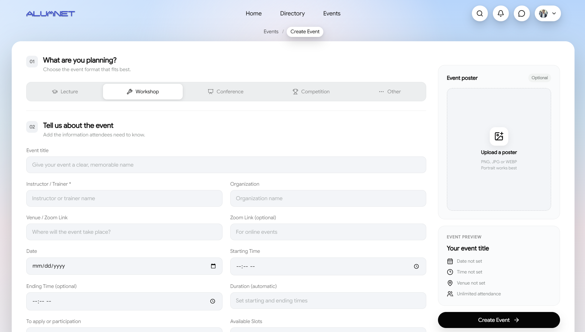 ALUMNET Create Event page