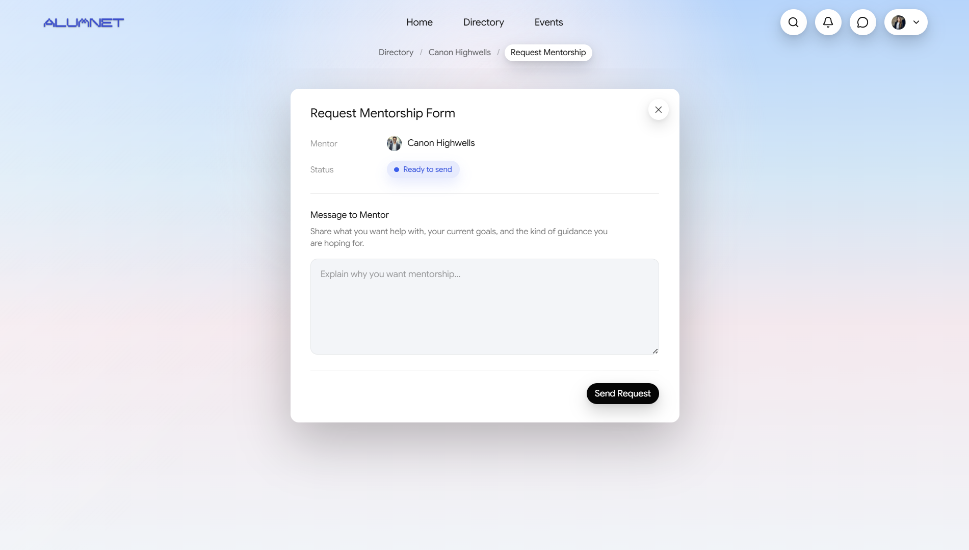 ALUMNET mentorship request workflow