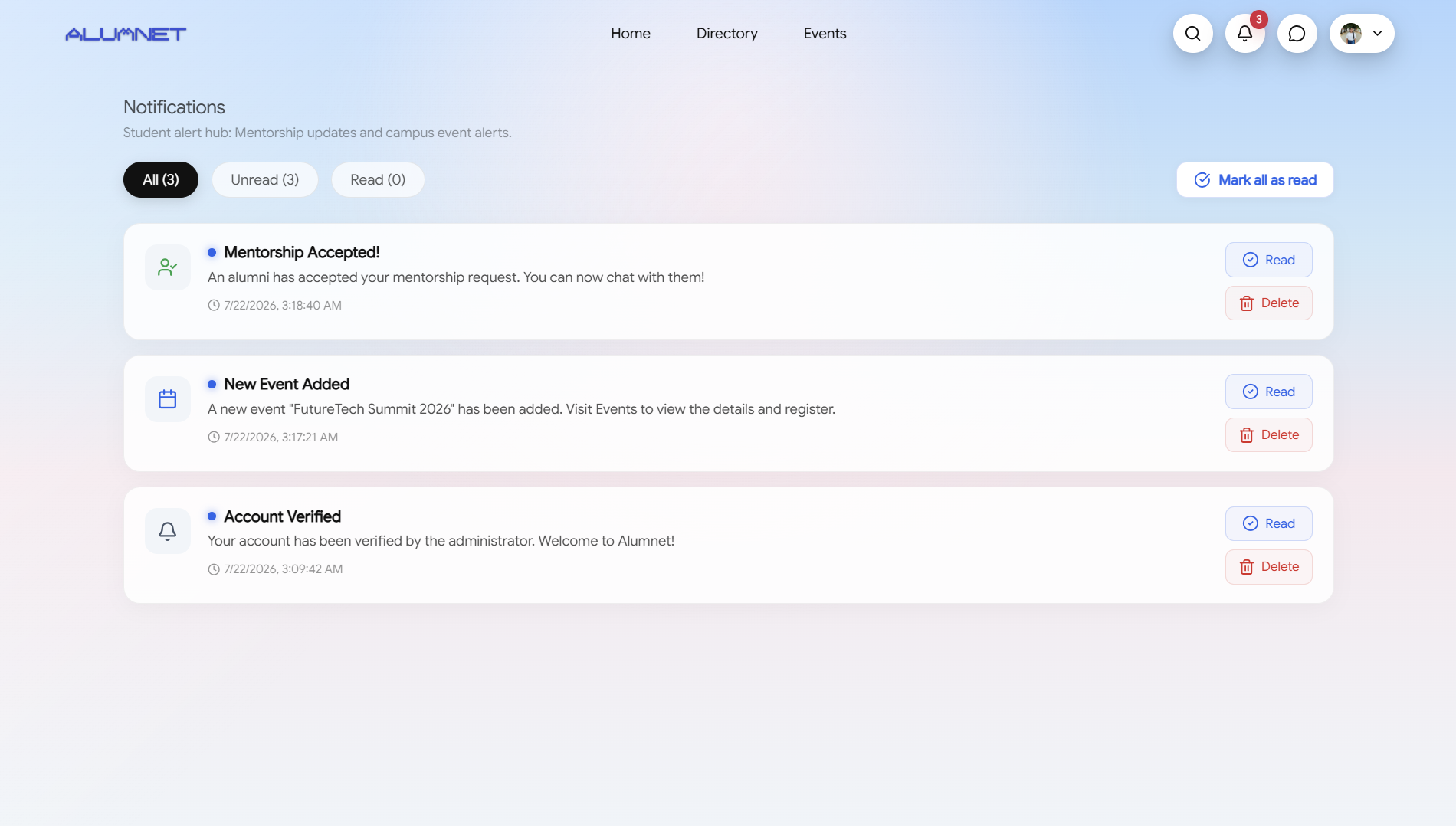 ALUMNET notification page