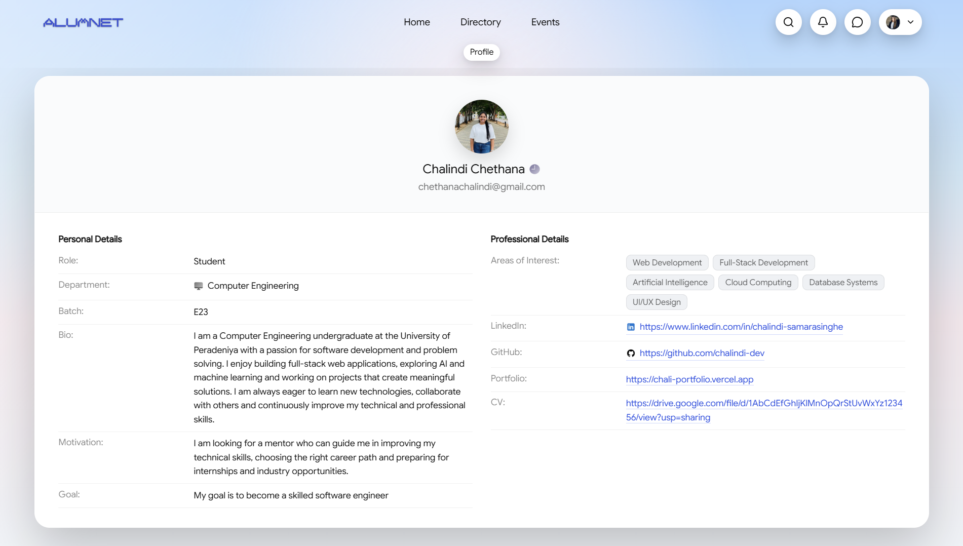 ALUMNET student dashboard