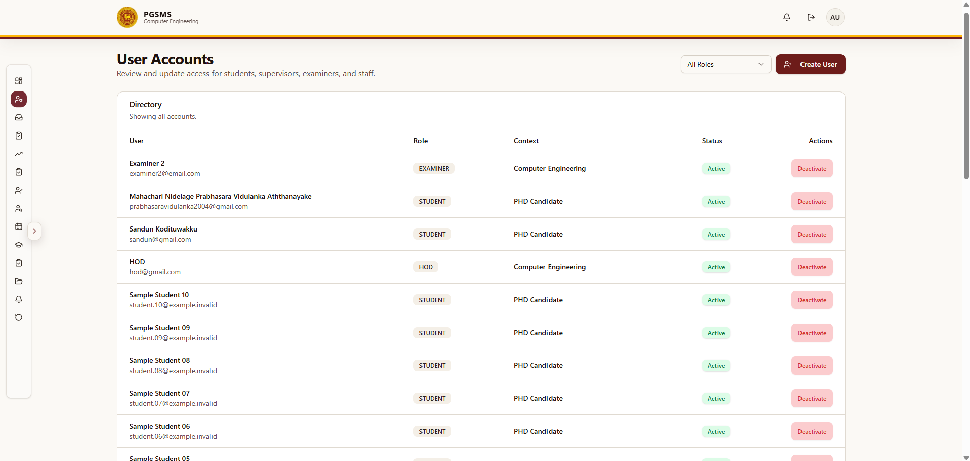 PGSMS user management interface