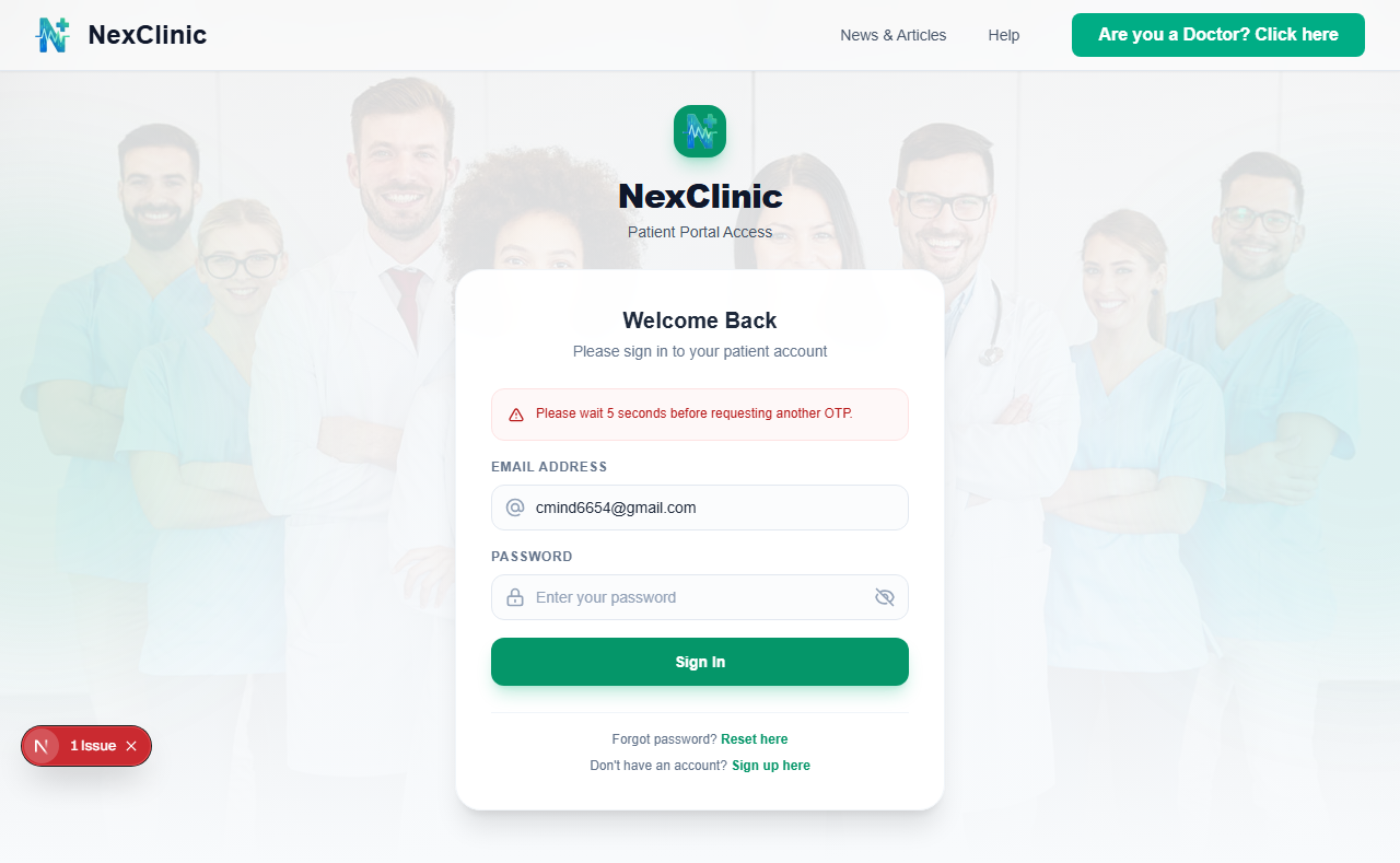 NexClinic OTP Verification Screen